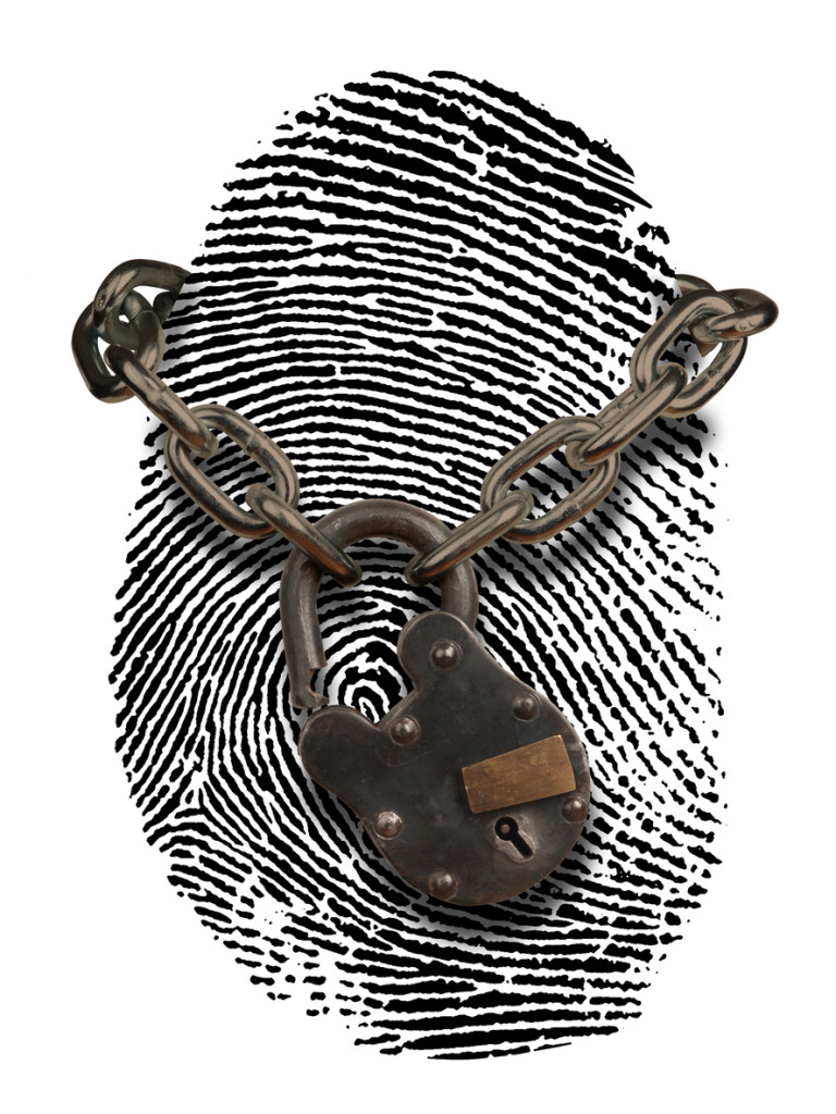 fingerprint with open padlock and chain draped over it