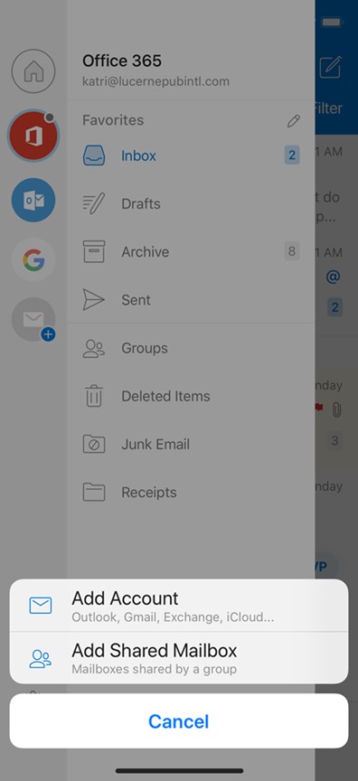 How to access shared mailboxes in Office for mobile