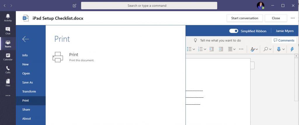how do I print using Teams?
