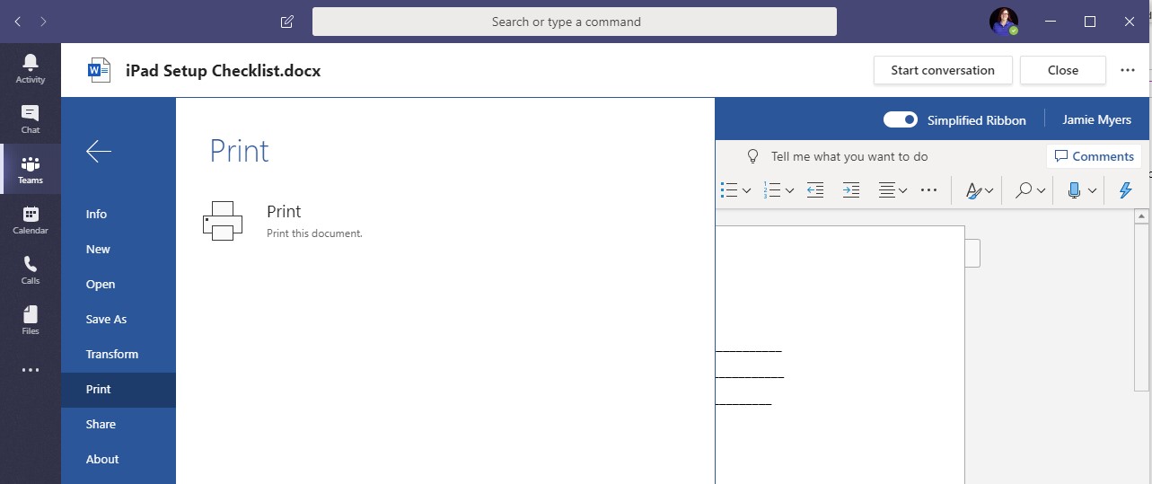 how to print task list in teams