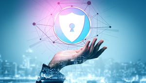 Cyber Security and Digital Data Protection Concept. Icon graphic interface showing secure firewall technology for online data access defense against hacker, virus and insecure information for privacy.