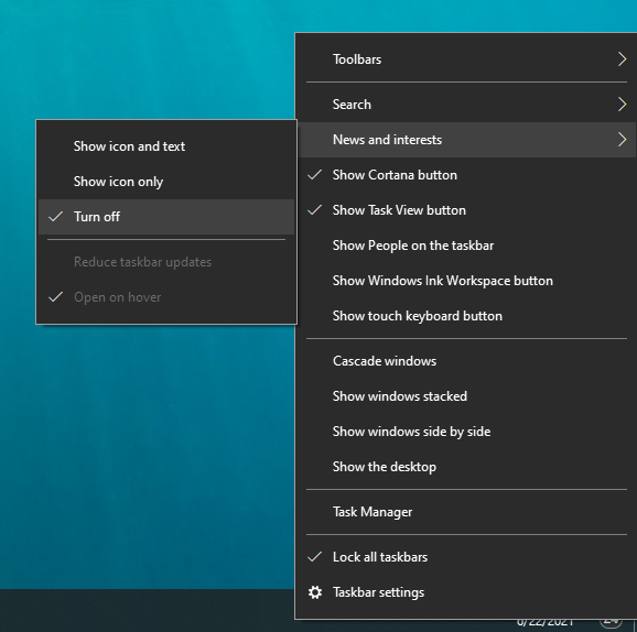 how to hide weather on taskbar windows 10