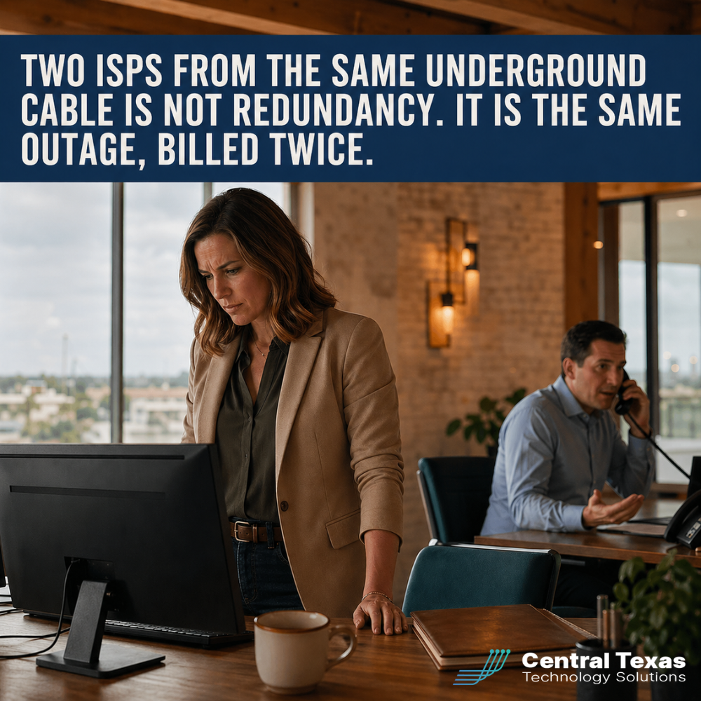 Two ISPs From the Same Underground Cable is Not Redundency. It is the same outage, billed twice.