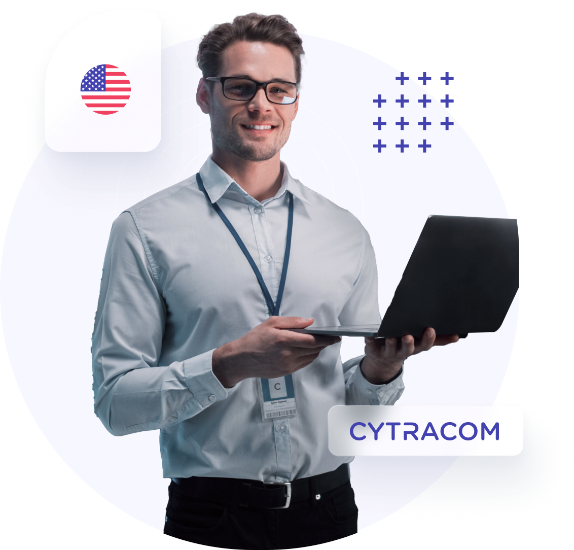 Professional holding laptop with Cytracom branding and US flag icon