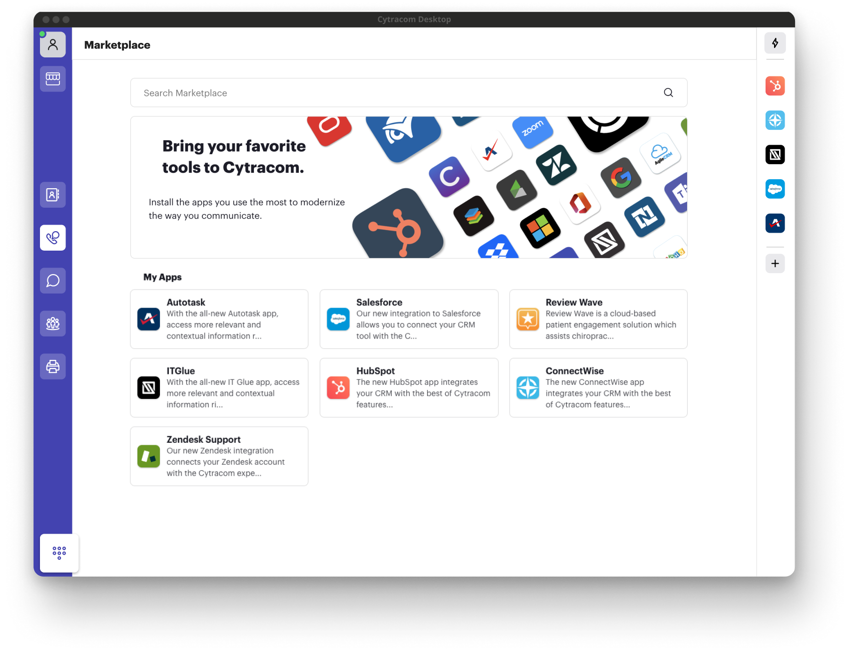 Cytracom Desktop marketplace interface showing installed app integrations