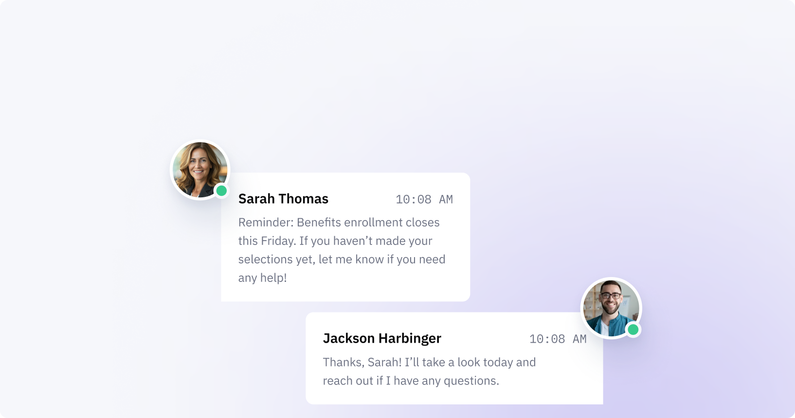 Chat interface showing benefits enrollment reminder between coworkers